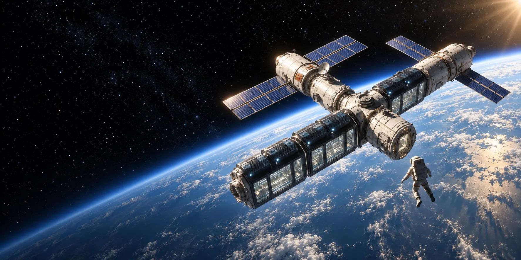 Illustration: Alpha Station mit hellen Wohnmodulen, gläsernen Korridoren und Solarpaneelen über der Erde; daneben schwebt ein Astronaut.