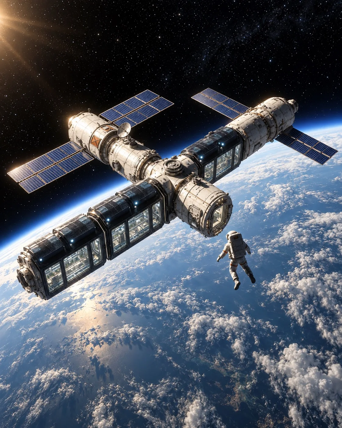 Illustration: Alpha Station mit hellen Wohnmodulen, gläsernen Korridoren und Solarpaneelen über der Erde; daneben schwebt ein Astronaut.