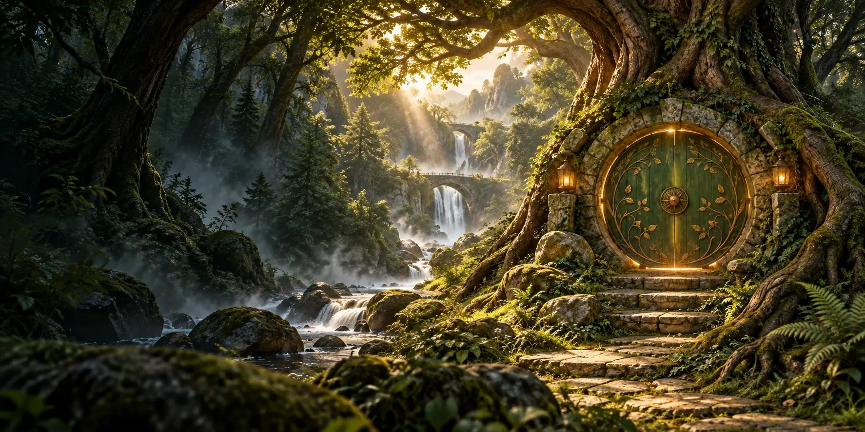 Illustration: Eine runde grüne Tür zwischen moosbewachsenen Wurzeln, Steinstufen und Wasserfällen.